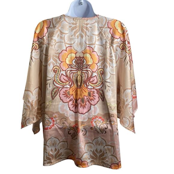 Chico's Women's Beige Satin Floral‎ Keyhole Neck Blouse Size 14 Asian Vibes Boho - Picture 2 of 10
